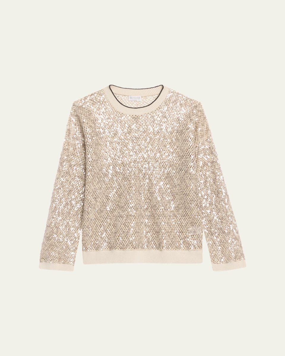 Linen-Silk Paillette Open Knit Crewneck Sweat